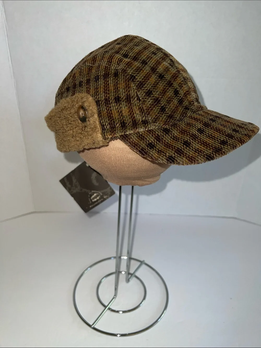 Cozy Toes Vintage Brown Plaid Corduroy Cap with Ear Flap - Winter Hat